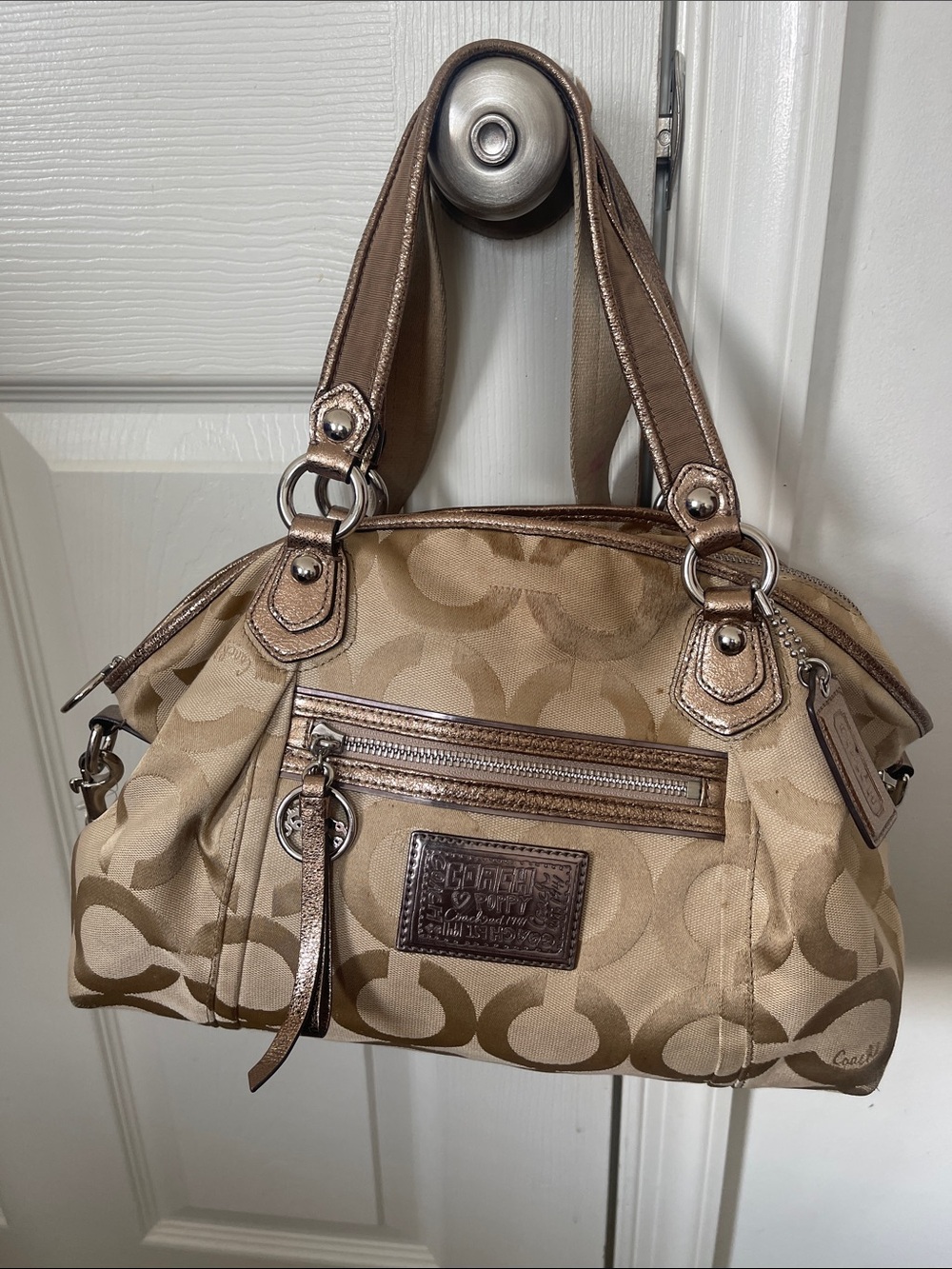 Coach poppy Signature Shoulder Bag with Metallic Bronze Trim